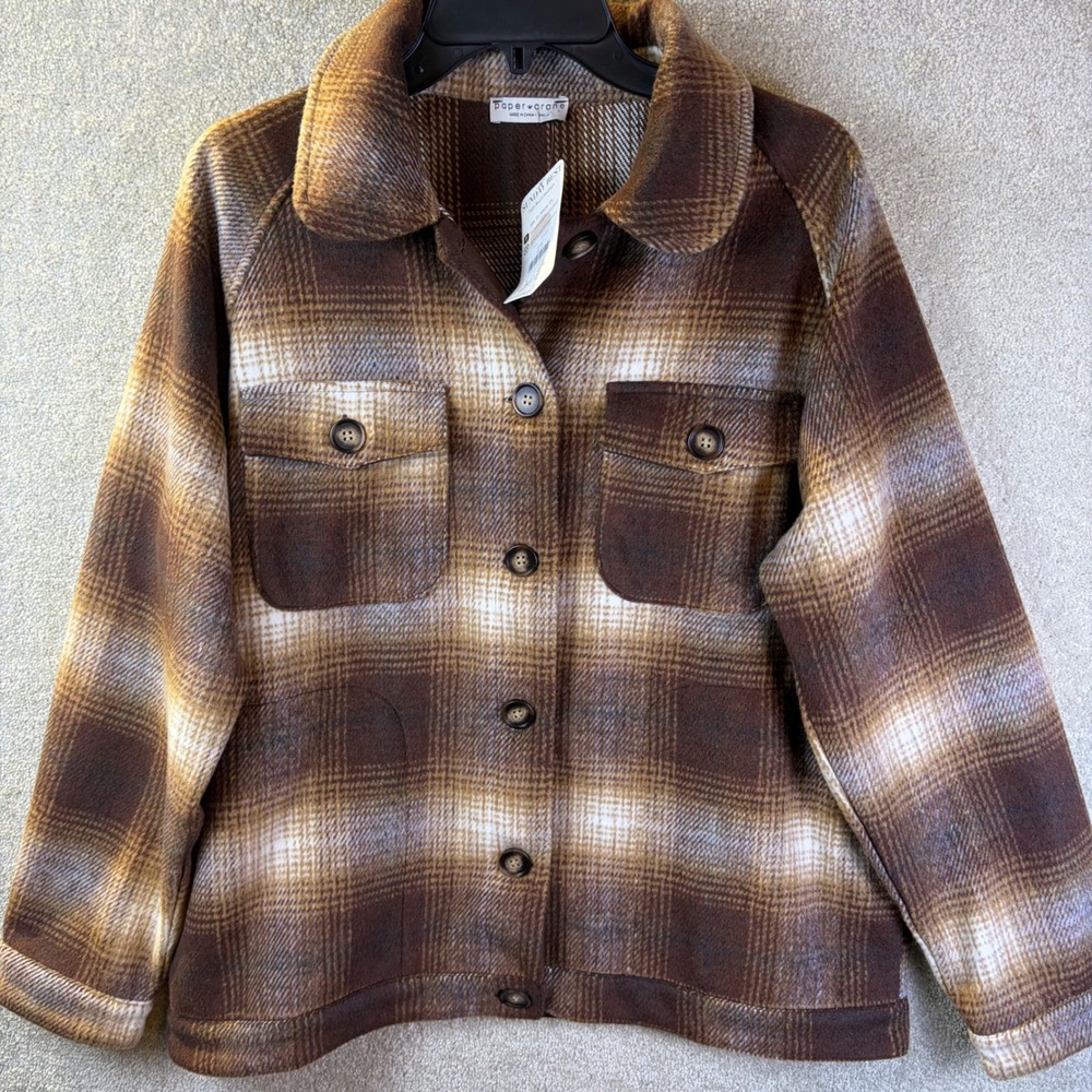 Paper Crane Shacket Womens Small Brown Plaid Autumn Button Front Cozy Jacket NEW